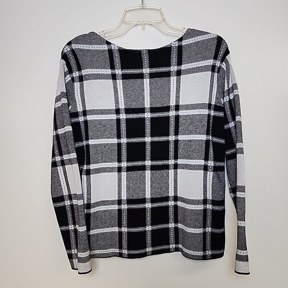 J Jill Sweater Women's Small Gray White‎ Gingham Cotton Blend Swoop Neck Fashion